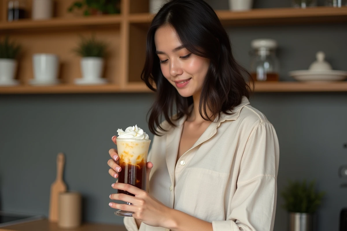 Jeune femme tenant un verre affogato cocktail avec Kahlúa et glace vanille dans une cuisine moderne