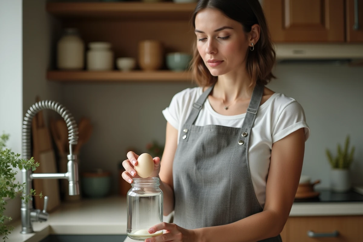 Femme testant la fraîcheur d'un œuf dans un bocal d'eau transparent dans une cuisine moderne