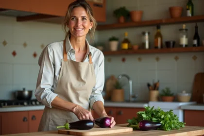 Femme en tablier coupant des aubergines en cuisine méditerranéenne