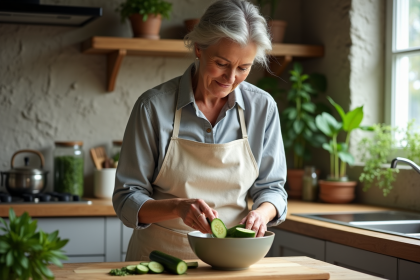 Femme en tablier coupant un concombre dans la cuisine rustique