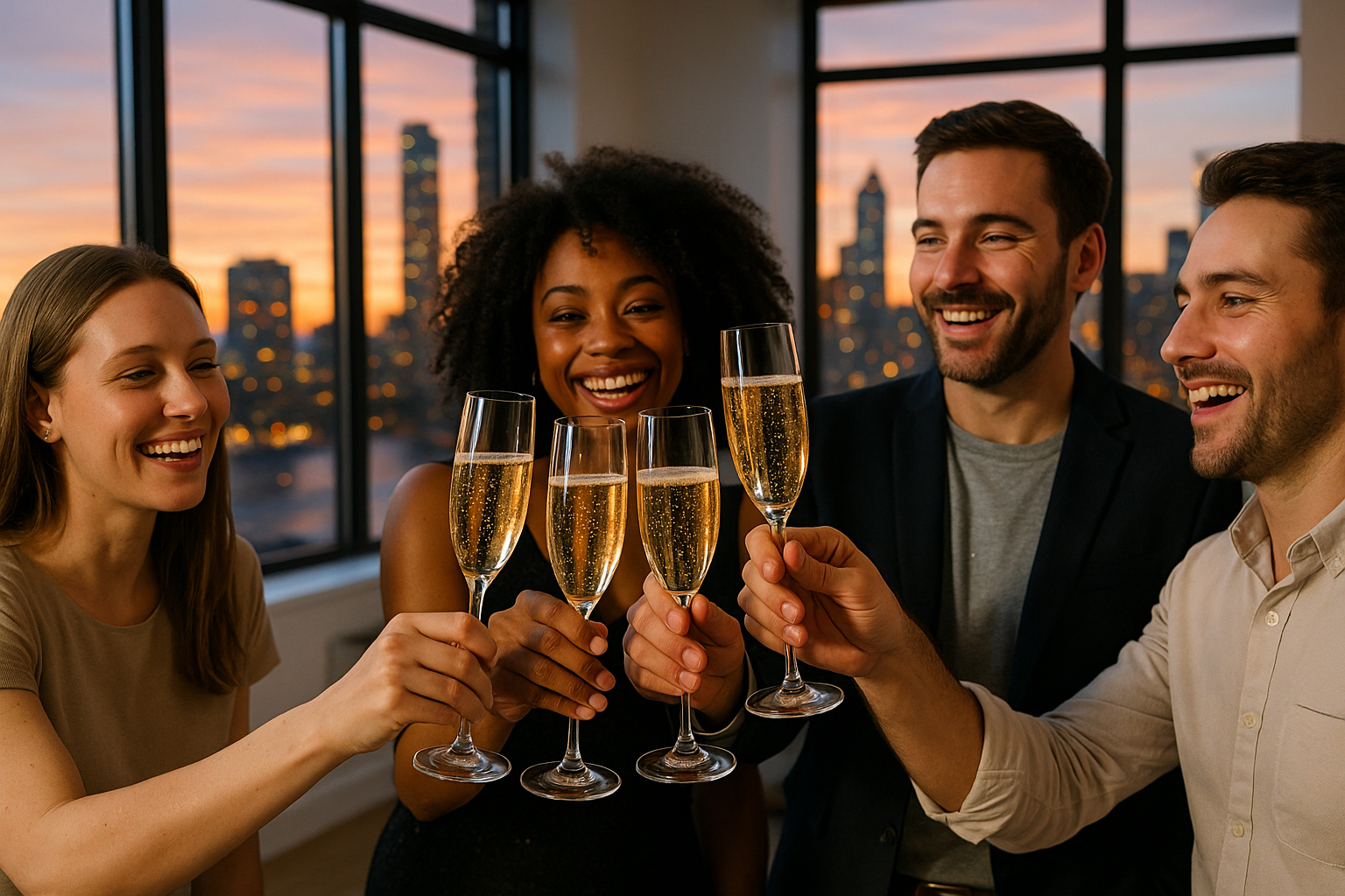 Célébration entre amis avec flutes de champagne dans un appartement moderne
