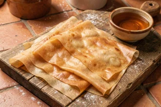 Feuilles de brick dorées et croustillantes posées sur une surface en bois rustique avec du sucre glace et du miel pour une recette de bricks sucrés