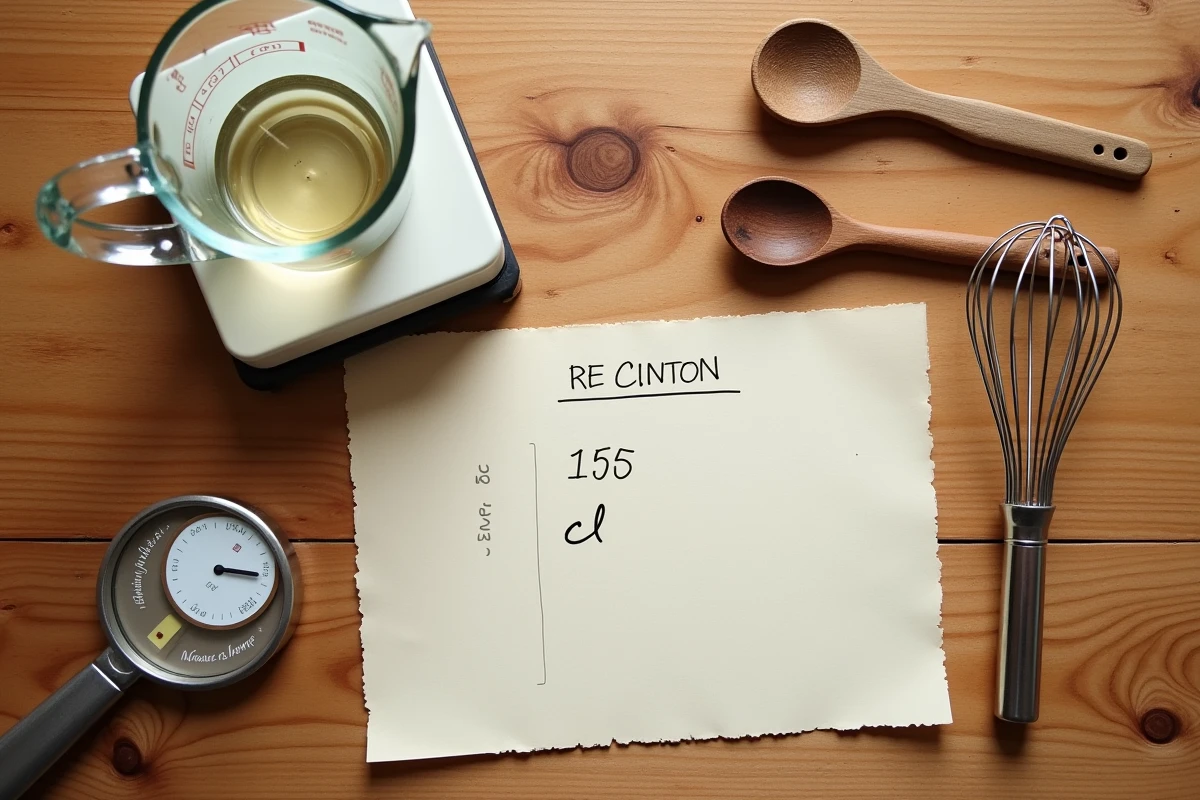 Vue de dessus d'une balance de cuisine, un verre doseur et une recette manuscrite avec des mesures en grammes et centilitres