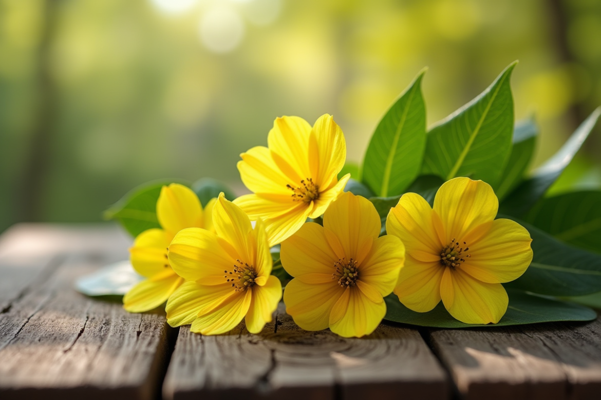 Fleurs et feuilles de tilleul fraîches sur une table en bois
