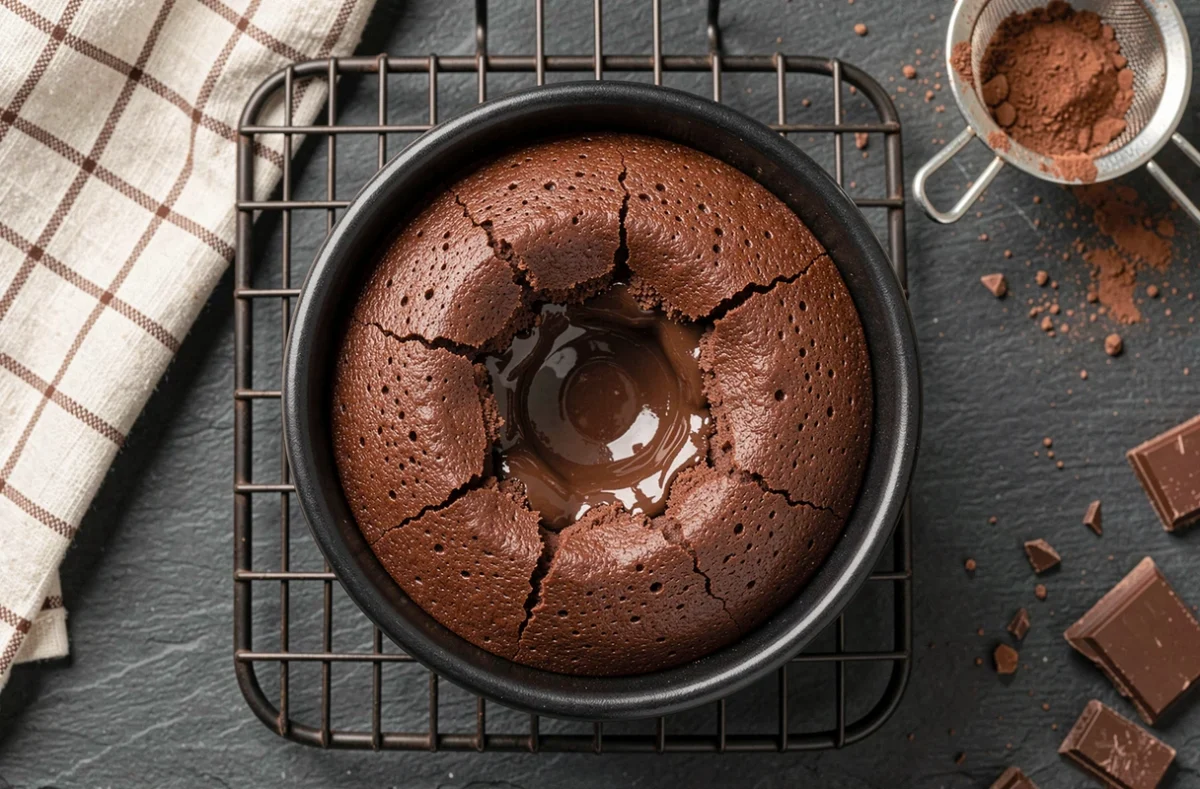 Fondant au chocolat raté avec un centre affaissé et une texture moelleuse excessive dans un ramequin noir