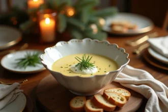 Bol de fondue de poireaux crémeuse sur une table de fête élégamment dressée avec vaisselle dorée et pain grillé