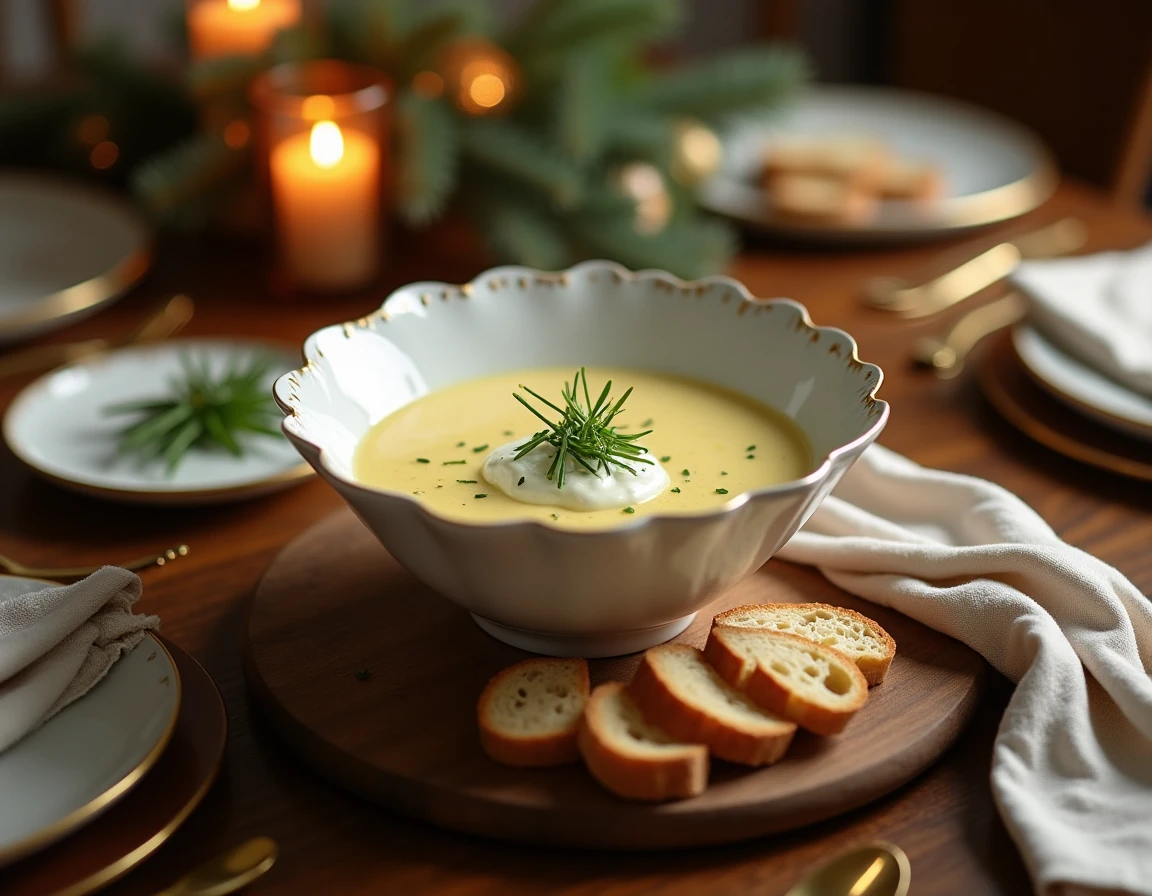 Bol de fondue de poireaux crémeuse sur une table de fête élégamment dressée avec vaisselle dorée et pain grillé