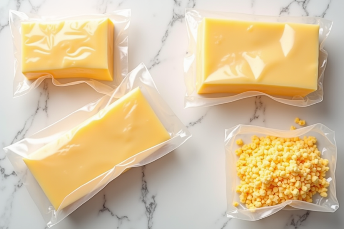 Bloc de fromages et portions râpées sur plan de travail blanc