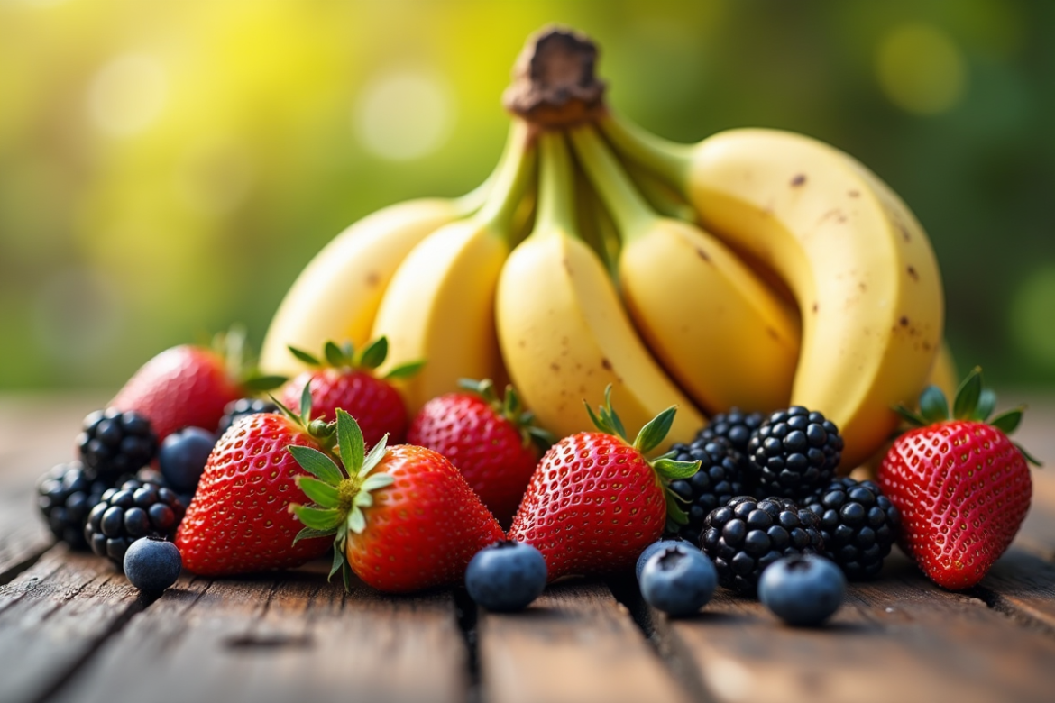 Assortiment de fruits frais avec bananes et myrtilles sur une table en bois