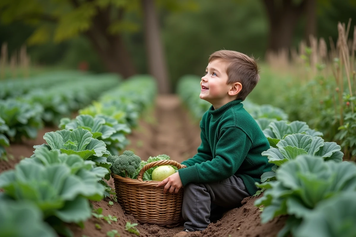 Jeune garçon dans le jardin récoltant des légumes frais
