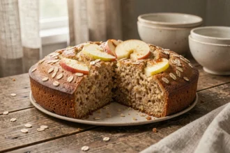 Gâteau flocon d'avoine moelleux sans beurre coupé en tranches sur une table en bois rustique avec des flocons d'avoine et des pommes caramélisées en décoration