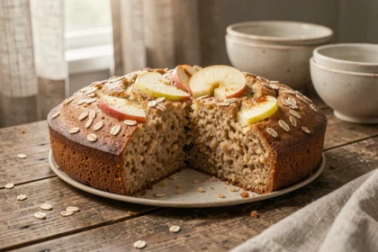 Gâteau flocon d'avoine moelleux sans beurre coupé en tranches sur une table en bois rustique avec des flocons d'avoine et des pommes caramélisées en décoration