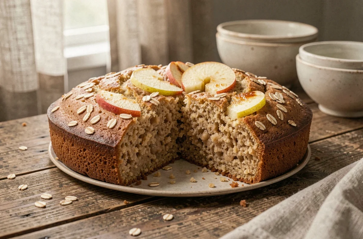 Gâteau flocon d'avoine moelleux sans beurre coupé en tranches sur une table en bois rustique avec des flocons d'avoine et des pommes caramélisées en décoration