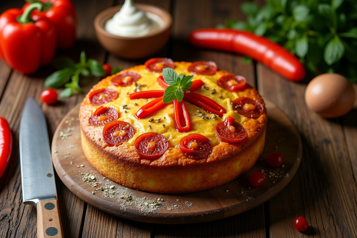 Gâteau salé entier avec chorizo et poivrons sur une table rustique