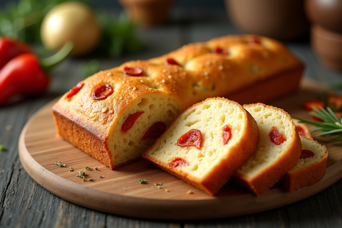 Tranche de gâteau salé avec chorizo et poivrons rouges