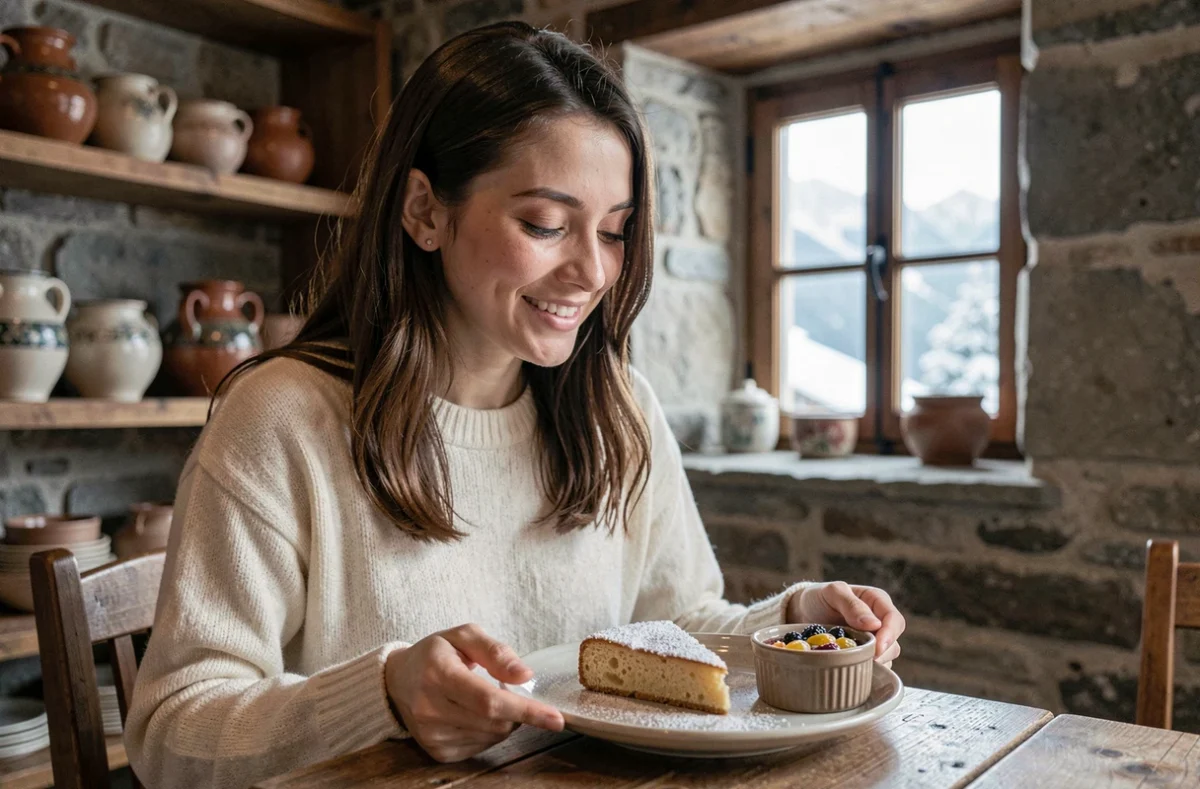 Femme savourant un gâteau de Savoie dans un café en pierre d'Annecy en hiver, assiette avec compote de fruits et décor alpin traditionnel
