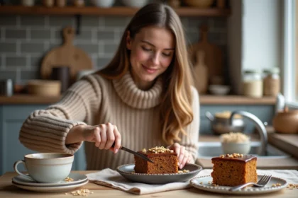 Jeune femme souriante coupe un gâteau vegan à la chataigne