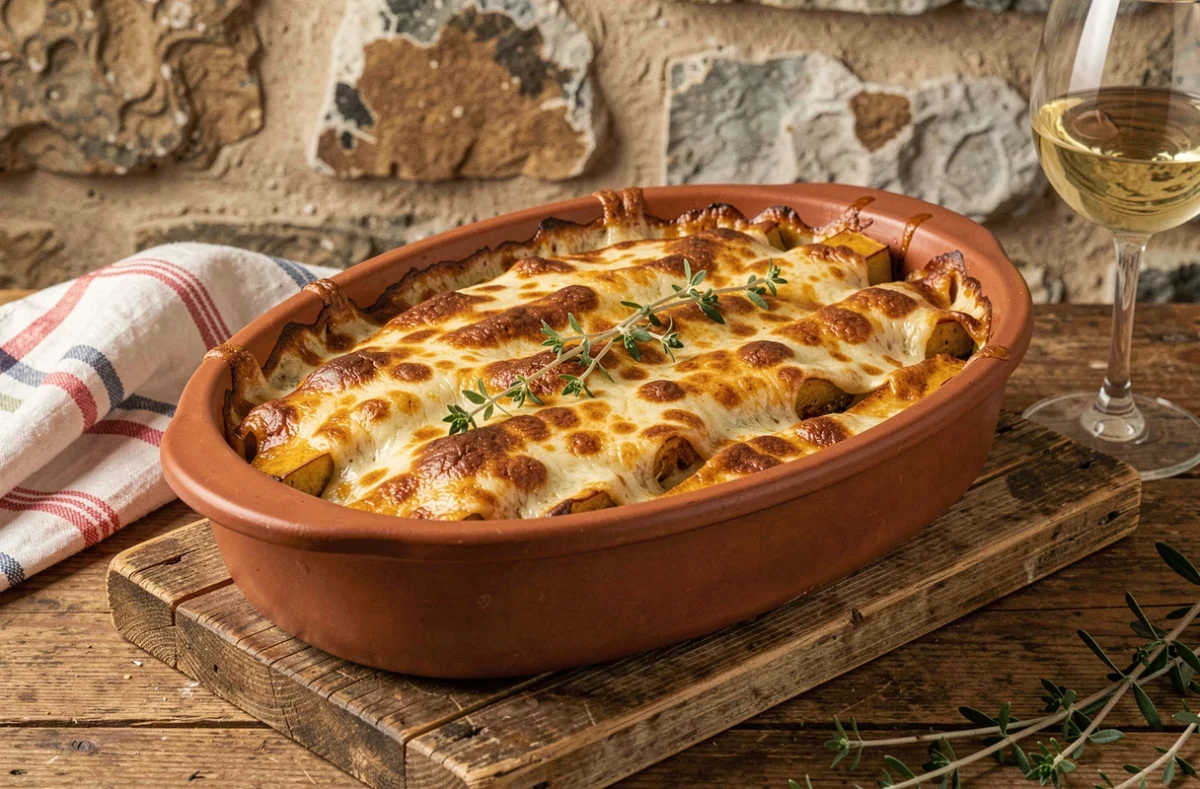 Gratin de courge longue de Nice au fromage doré dans un plat en terre cuite sur une table de cuisine rustique