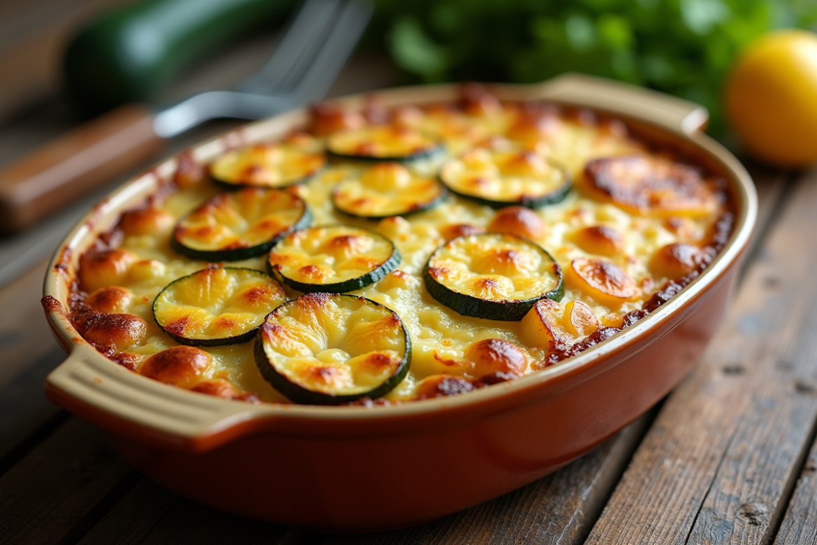 Gratin de courgettes et pommes de terre doré dans un plat en céramique