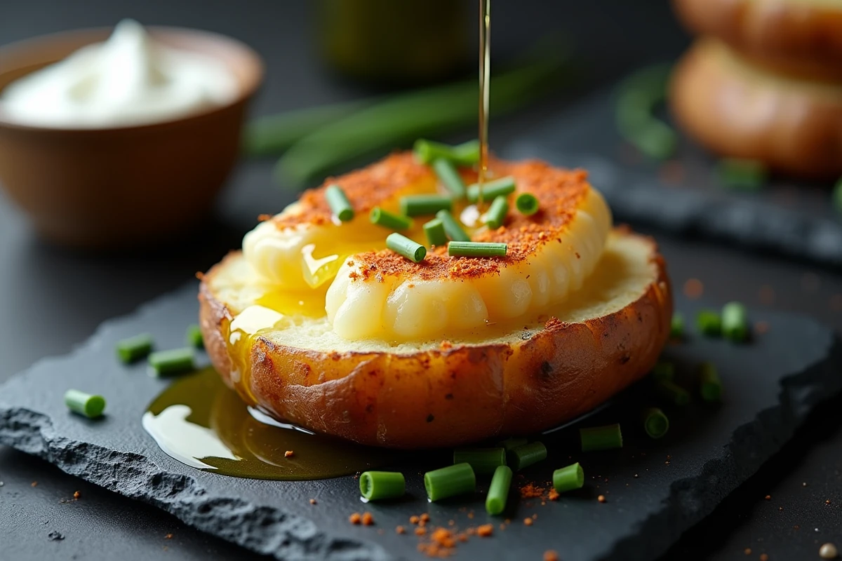 Gros plan d'une pomme de terre écrasée croustillante sur ardoise avec filet d'huile d'olive paprika fumé et ciboulette
