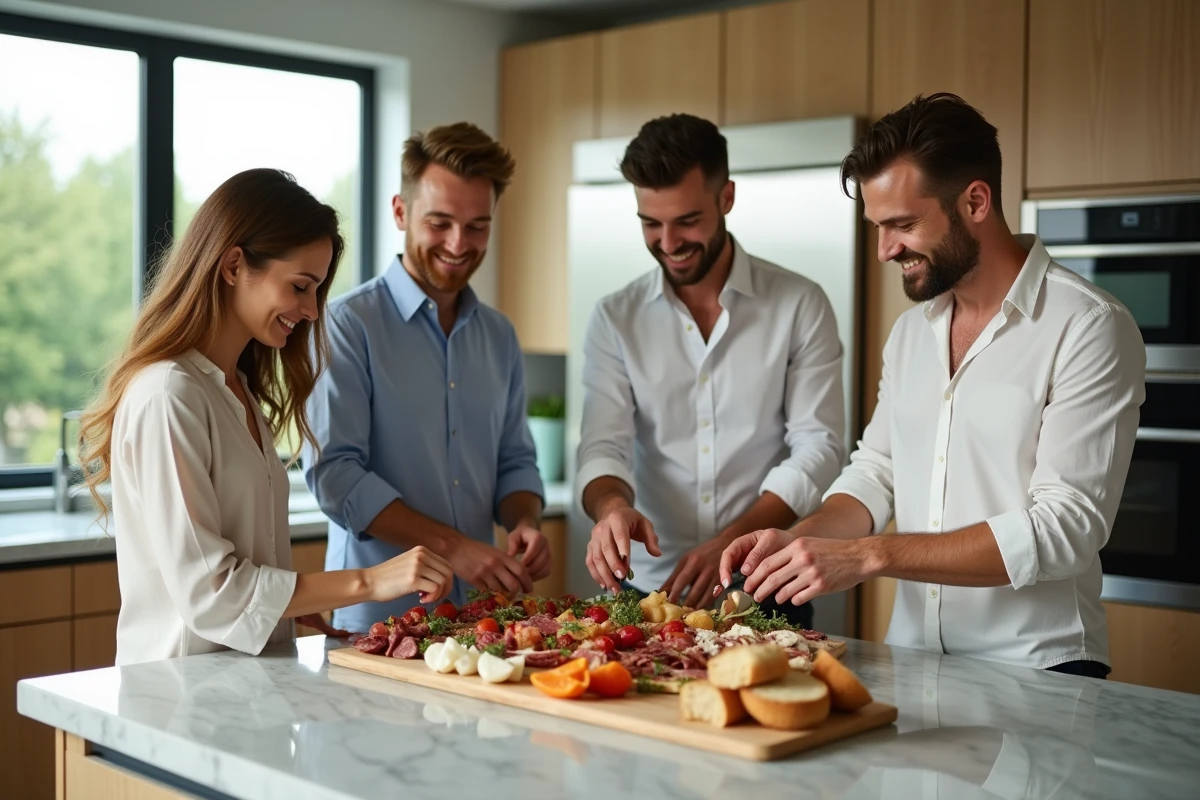 Groupe d'adultes préparant un plateau apéritif dans une cuisine moderne