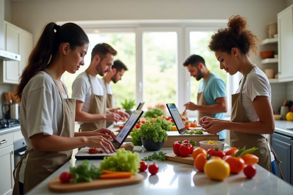 Groupe d adultes en cuisine maison avec tablettes et légumes