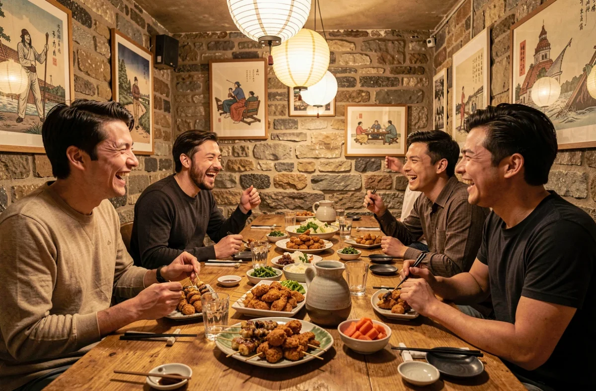 Tablée conviviale avec yakitori, karaage et carafe de saké en izakaya créatif au restaurant Guilo Guilo à Montmartre Paris, murs en pierre et lampions en papier japonais