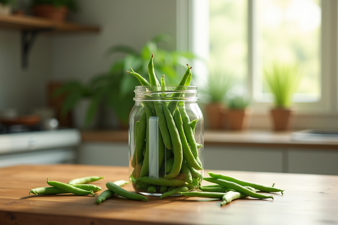 Pot de haricots verts frais sur une table en bois