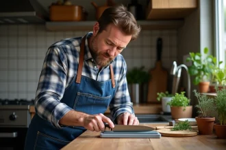 Homme d'âge moyen affûtant un couteau de cuisine avec précision