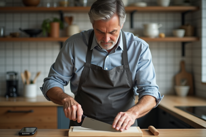 Homme en tablier gris affutant un couteau santoku dans la cuisine