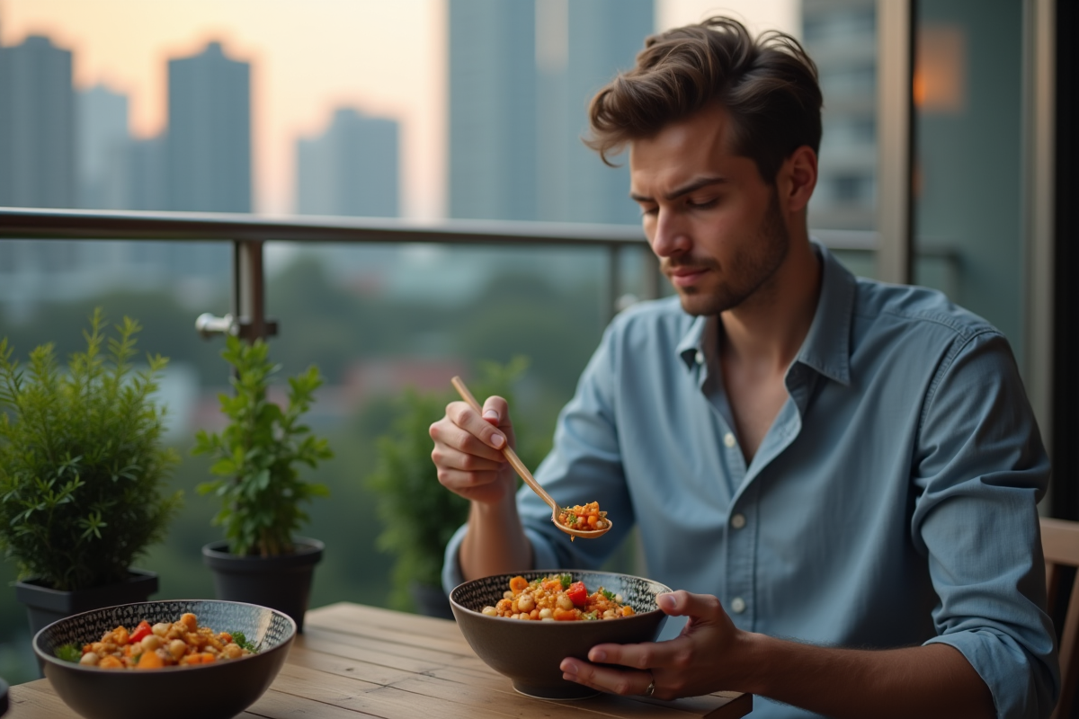 Homme dégustant un bol de tofu aux légumes en extérieur