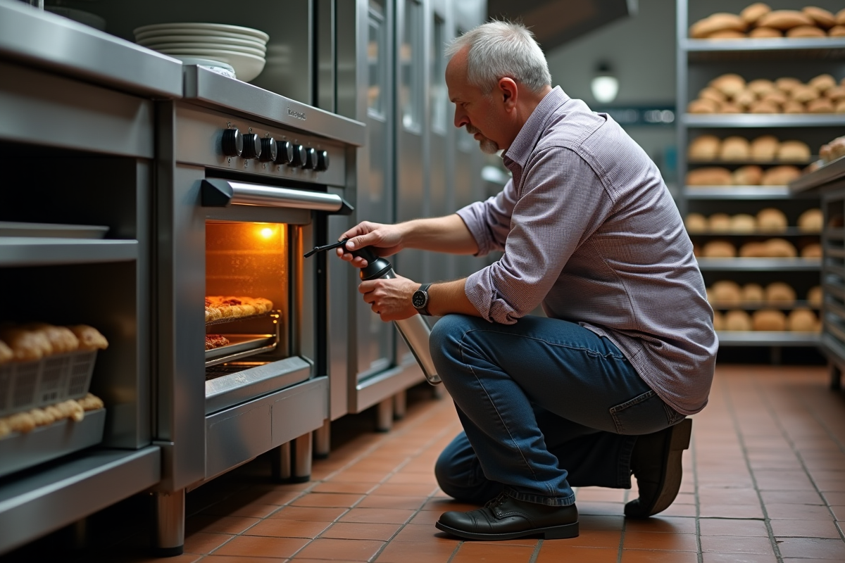 Homme nettoyant un four professionnel en boulangerie