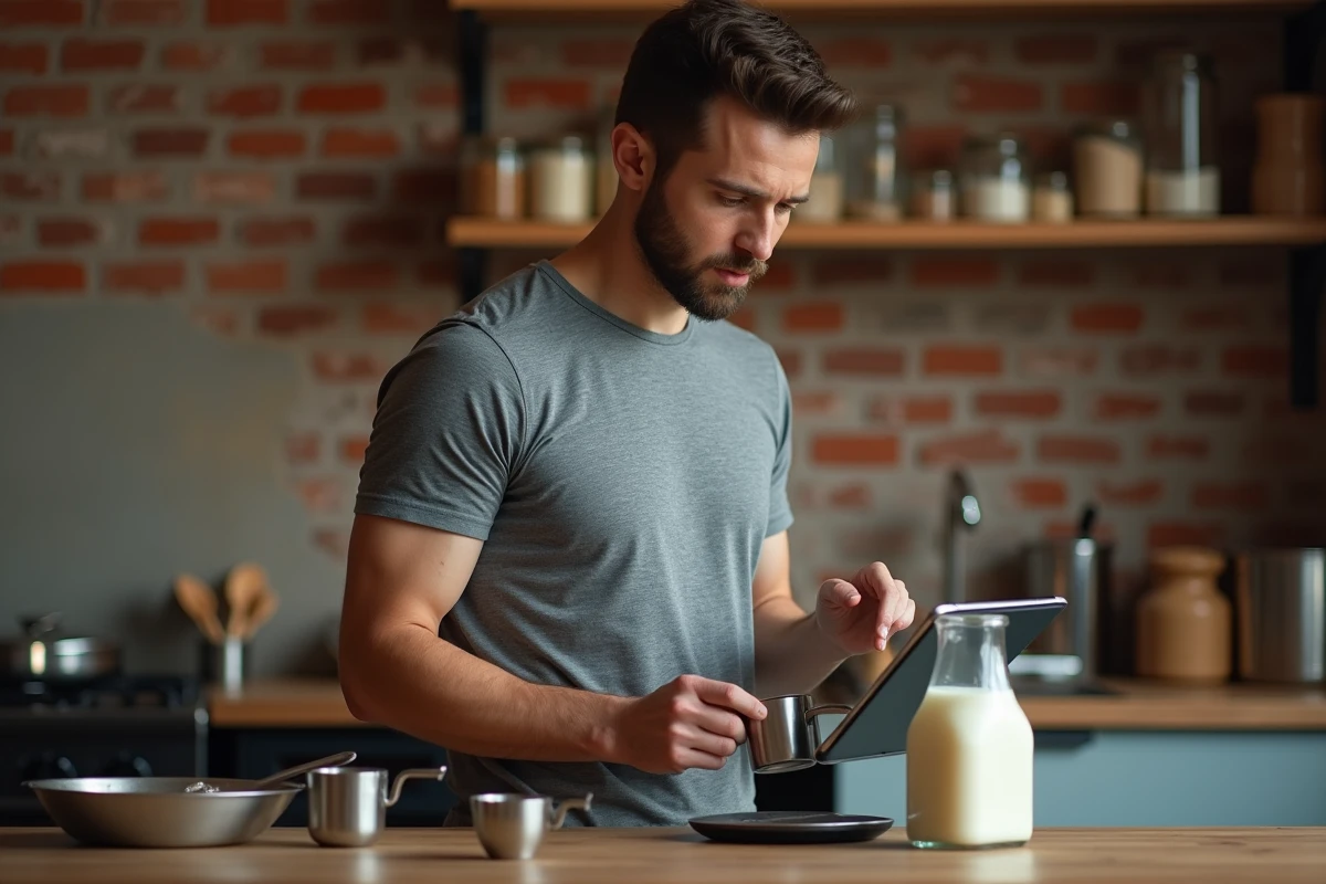Homme consultant une recette sur tablette tout en pesant une préparation liquide sur une balance pour respecter les dosages en litres et kilogrammes