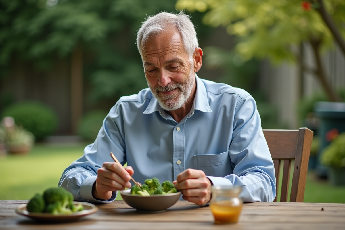 Homme lisant une étiquette nutrition avec brocoli vapeur