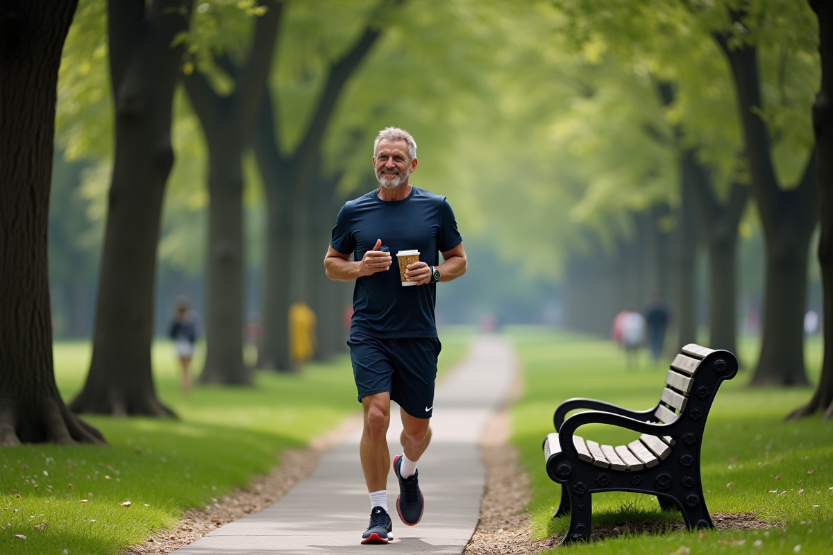 Homme courant dans un parc urbain en buvant de l