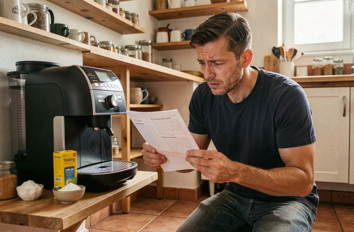 Homme consultant le manuel d'utilisation d'une cafetière Tassimo Bosch avant de la détartrer avec de l'acide citrique maison
