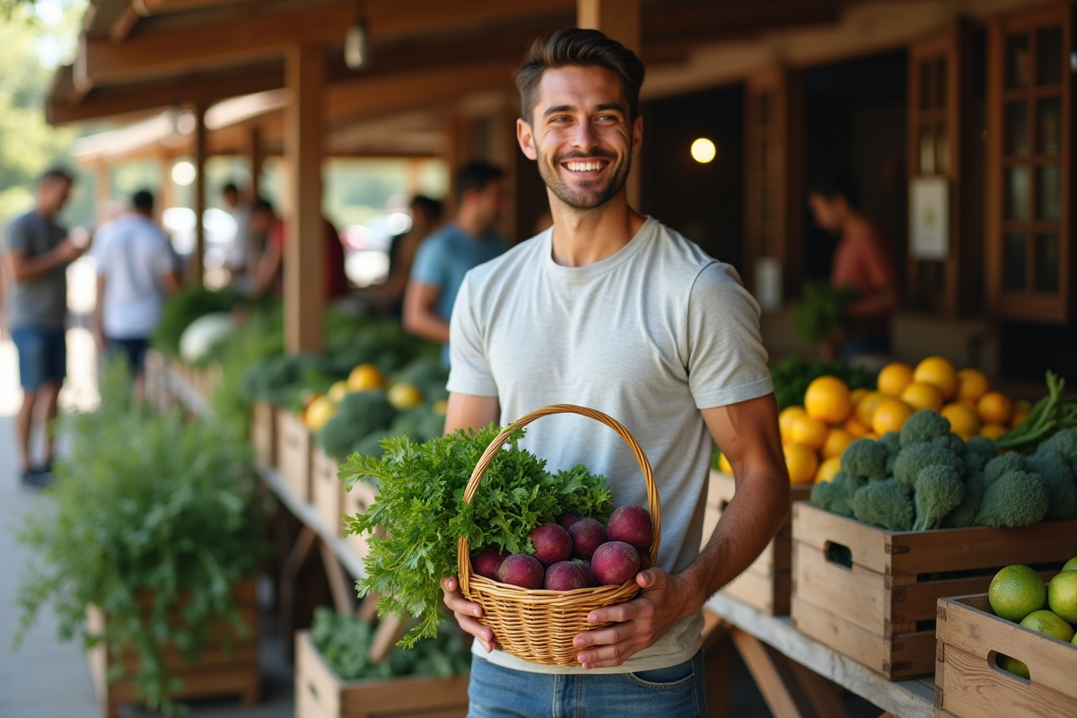 Jeune homme au marché avec panier de fruits et légumes