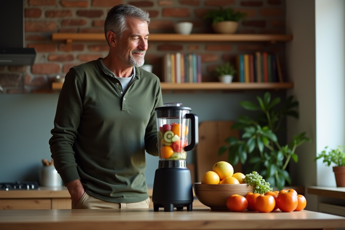 Homme mixant des fruits dans un blender moderne à la maison