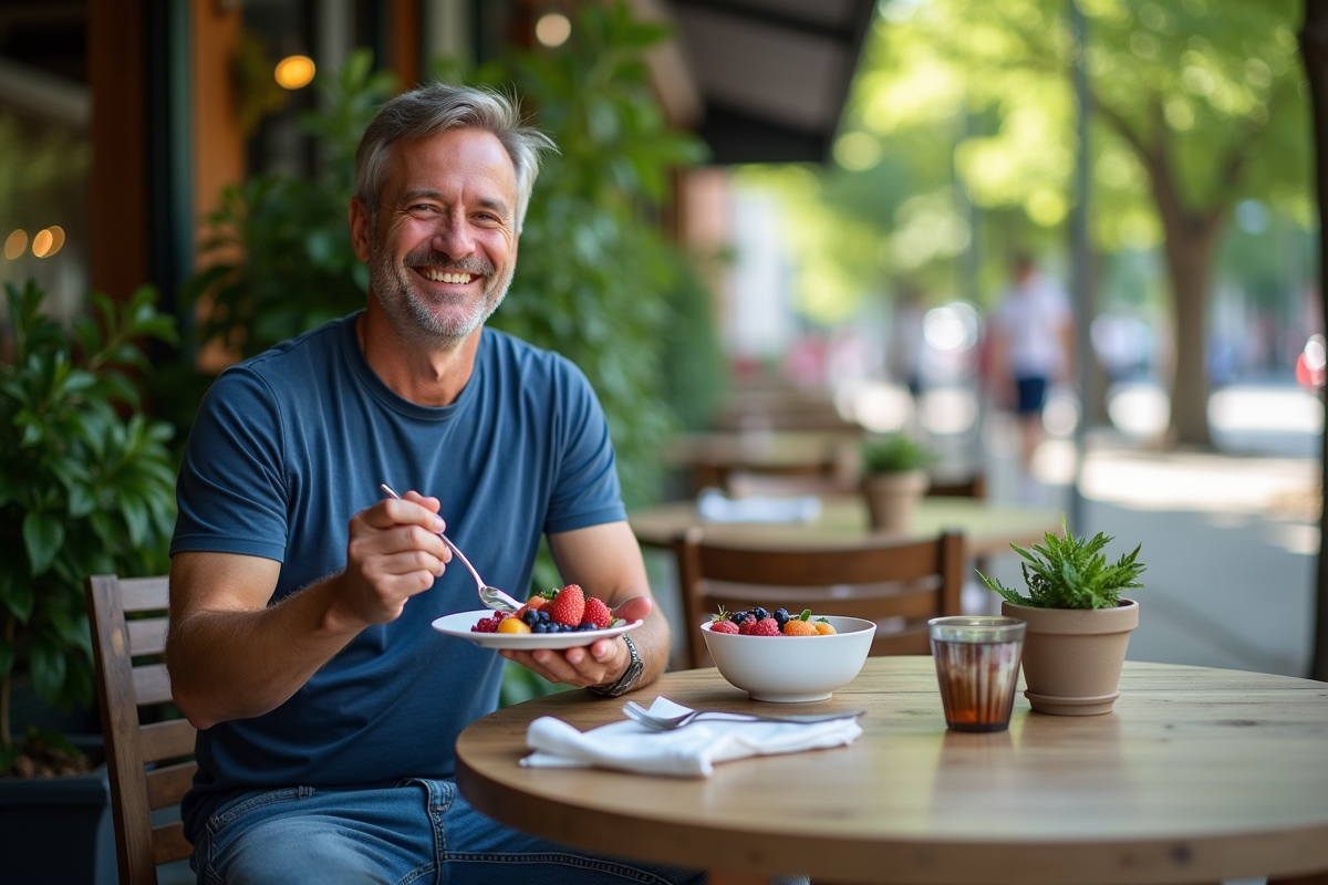 Homme dégustant un bol de fruits rouges et yogourt en extérieur
