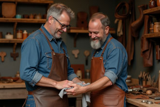 Homme d'âge moyen nettoyant un tablier en cuir brun