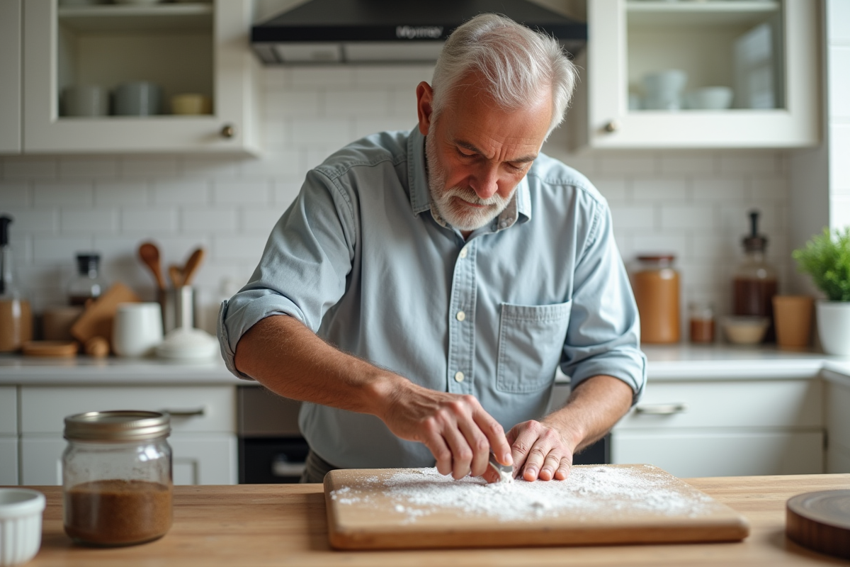 Homme appliquant une pâte de bicarbonate sur une planche en bois