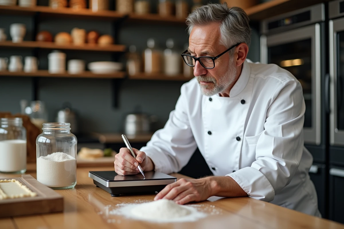 Homme en blouse blanche pèse du sucre dans une cuisine professionnelle