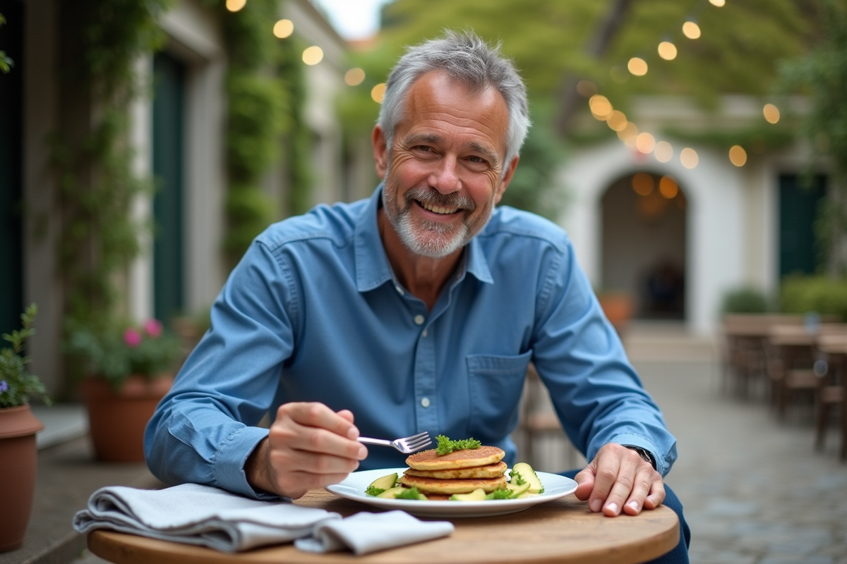 Homme dégustant des pancakes au café en terrasse en plein air