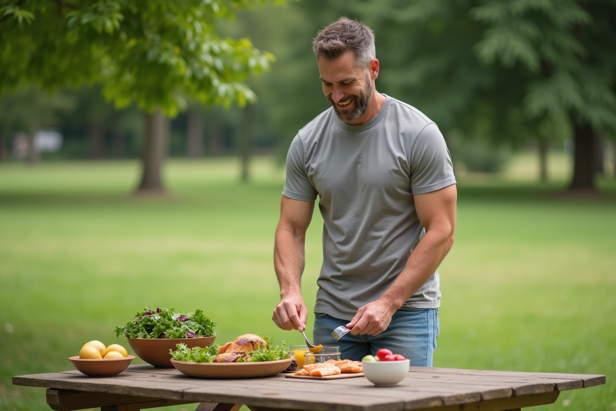 Homme détendu organisant un repas en plein air au parc