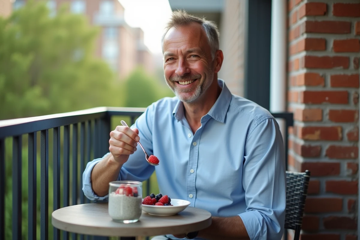 Homme mange pudding aux fruits sur balcon urbain