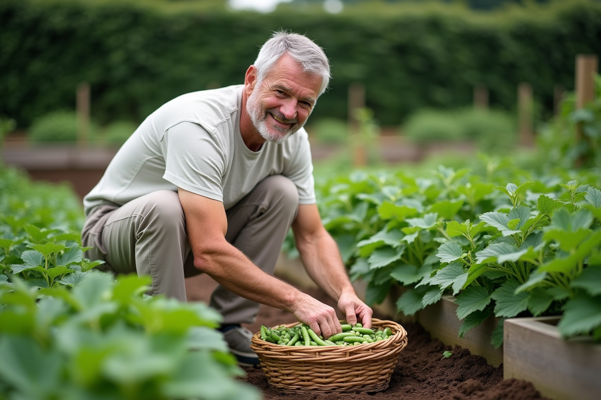Homme récoltant des légumes dans un jardin en plein air