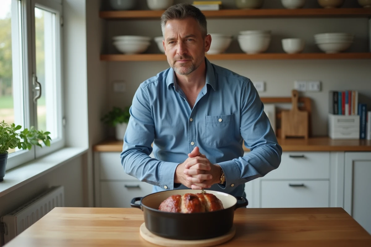 Homme regardant un rôti de porc en cuisson dans la cocotte sur la table