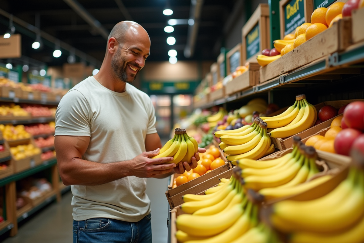 Homme choisissant des bananes dans un marché alimentaire