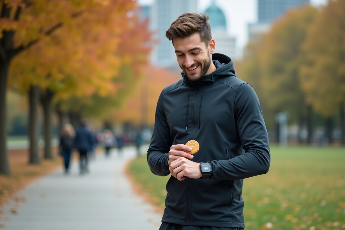 Homme en jogging vérifiant son pas dans le parc