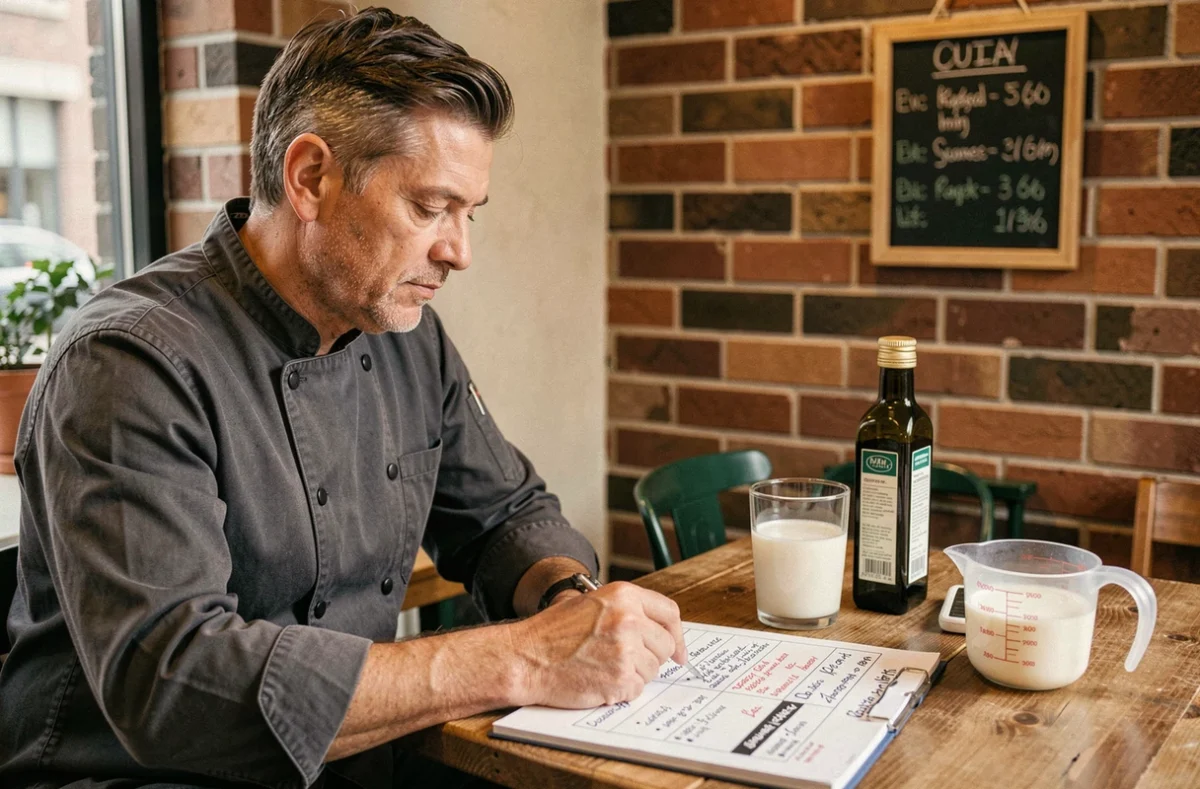 Homme consultant un tableau de conversion grammes en litres pour l'eau, le lait et l'huile dans une cuisine artisanale